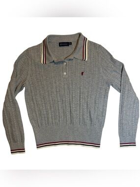 Polowalk Light Gray Cable-Knit Polo Sweater with Red & Navy Trim